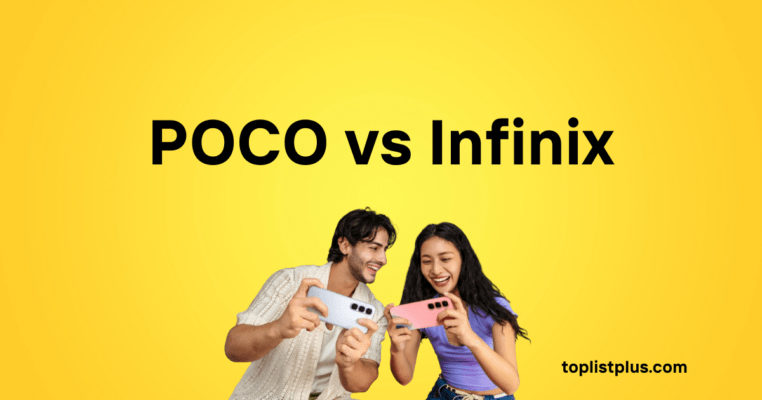 POCO vs Infinix - รูปหน้าปกบทความเปรียบเทียบสมาร์ทโฟน POCO กับ Infinix บนพื้นหลังสีเหลือง พร้อมข้อความตัวหนาและมีคู่ชายหญิงกำลังถือโทรศัพท์เล่นเกมร่วมกัน