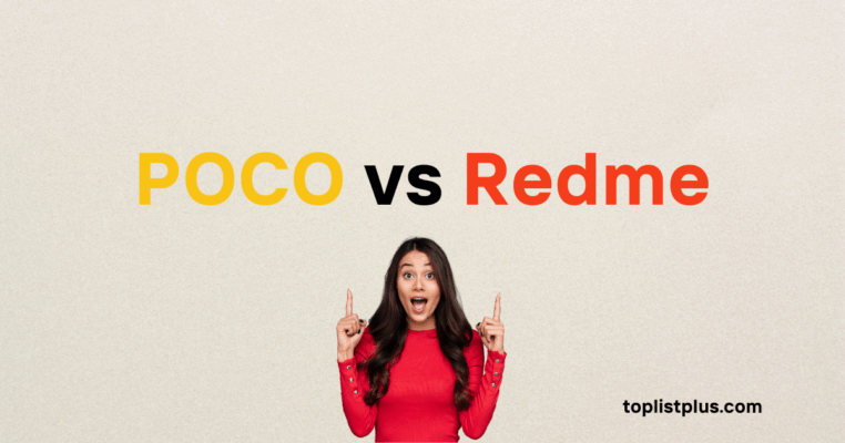 ผู้หญิงทำหน้าประหลาดใจและชี้ไปที่ข้อความ POCO vs Redme ซึ่งเป็นหัวข้อเปรียบเทียบสมาร์ทโฟนสองแบรนด์