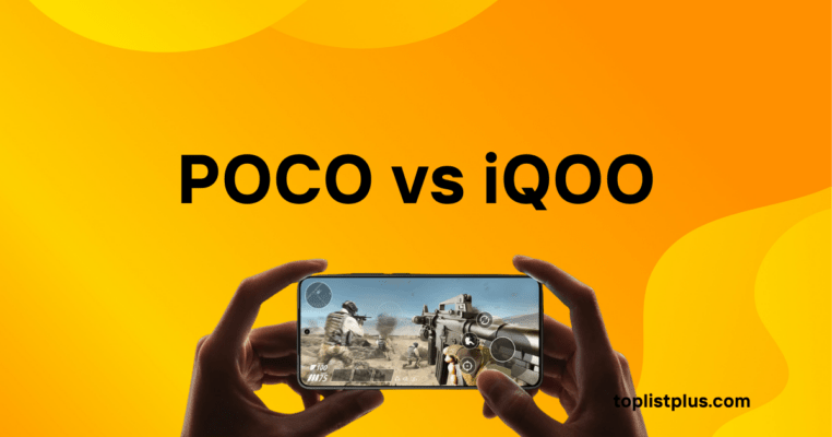POCO vs iQOO - รูปหน้าปกบทความเปรียบเทียบสมาร์ทโฟน POCO กับ iQOO โดยมีพื้นหลังสีเหลือง/ส้ม และมีมือที่กำลังถือโทรศัพท์เล่นเกมยิงปืน (FPS) บนหน้าจอ