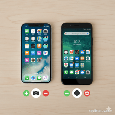 รูปภาพเปรียบเทียบ ข้อดีข้อเสีย iPhone เทียบกับ Android ปัจจุบัน บนพื้นหลังที่สื่อถึงความแตกต่าง