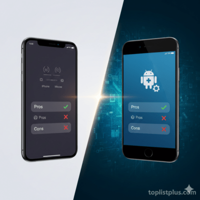 รูปภาพเปรียบเทียบ ข้อดีข้อเสีย iPhone เทียบกับ Android ปัจจุบัน ในรูปแบบกราฟิกที่เข้าใจง่าย แสดงถึงข้อดีและข้อเสียของแต่ละระบบปฏิบัติการ