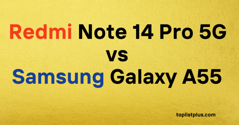 รูปภาพหน้าปกบทความเปรียบเทียบ: $Redmi\ Note\ 14\ Pro\ 5G\ vs\ Galaxy\ A55\ 5G$ บนพื้นหลังสีทอง