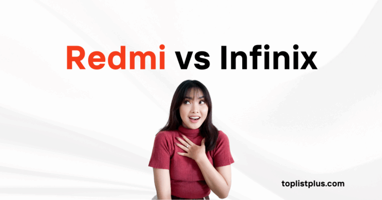 รูปภาพหน้าปกบทความเปรียบเทียบ $Redmi\ vs\ Infinix$ พร้อมภาพผู้หญิงทำท่าประหลาดใจหรือตื่นเต้น