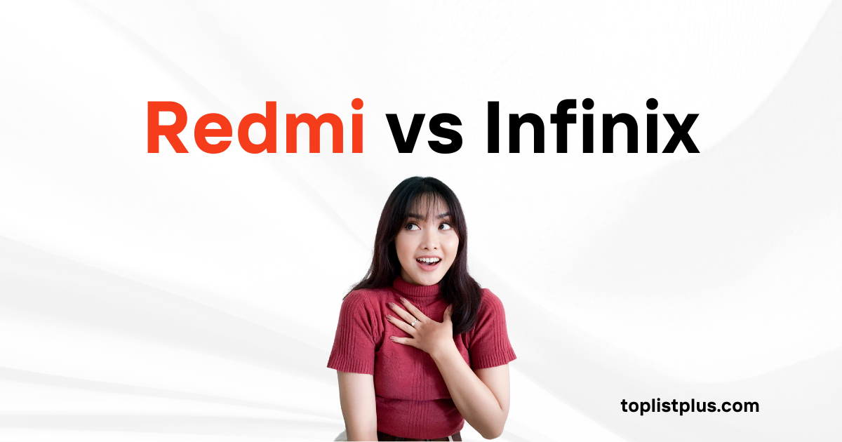 รูปภาพหน้าปกบทความเปรียบเทียบ $Redmi\ vs\ Infinix$ พร้อมภาพผู้หญิงทำท่าประหลาดใจหรือตื่นเต้น