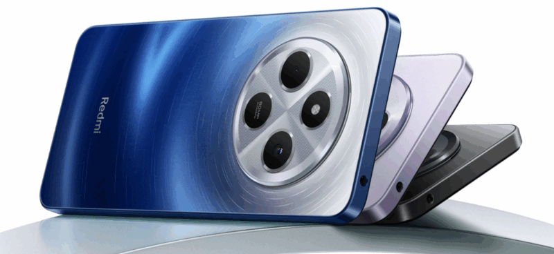 รีวิว Redmi 14C ภาพถ่ายด้านหลังของโทรศัพท์ Redmi 14C สามสี (น้ำเงิน/เงิน ม่วง และดำ) แสดงดีไซน์โมดูลกล้องวงกลมขนาดใหญ่และตัวอักษร 50MP