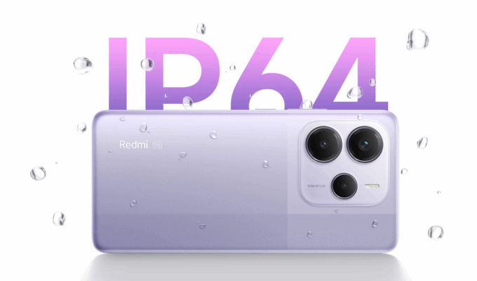 สมาร์ทโฟน Redmi Note 14 5G สีม่วงอ่อน มีหยดน้ำเกาะรอบตัวเครื่องพร้อมตัวเลข IP64 แสดงถึงคุณสมบัติกันน้ำและฝุ่นที่สำคัญในการ รีวิว Redmi Note 14 5G