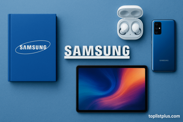 ภาพประกอบบทความเกี่ยวกับประวัติแบรนด์ Samsung แสดงสินค้าของ Samsung เช่น สมาร์ทโฟน แท็บเล็ต และหูฟัง พร้อมลายน้ำ toplistplus.com