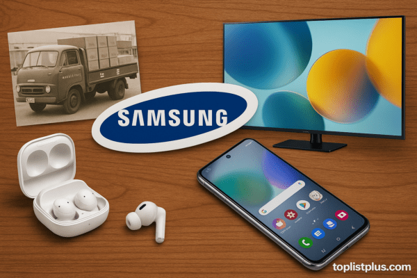 ภาพแนวนอนแสดงวิวัฒนาการของแบรนด์ Samsung รวมสมาร์ทโฟน ทีวี หูฟัง และภาพในอดีตของบริษัท พร้อมโลโก้ Samsung และลายน้ำ toplistplus.com เพื่อประกอบบทความ SEO เรื่องประวัติแบรนด์ Samsung