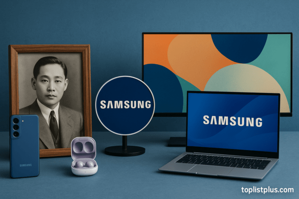 ภาพประกอบประวัติแบรนด์ Samsung แสดงวิวัฒนาการของบริษัทจากอดีตถึงปัจจุบัน พร้อมอุปกรณ์เทคโนโลยี เช่น โทรศัพท์ หูฟัง ทีวี และแล็ปท็อป