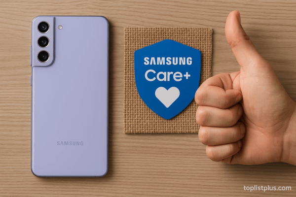 ภาพประกอบบทความ SEO แสดงโทรศัพท์ Samsung วางข้างโลโก้บริการ Samsung Care+ เพื่อสื่อถึงหัวข้อ “Samsung Care+ คืออะไร คุ้มไหมสำหรับคนซื้อเครื่องใหม่” อย่างเรียบหรู