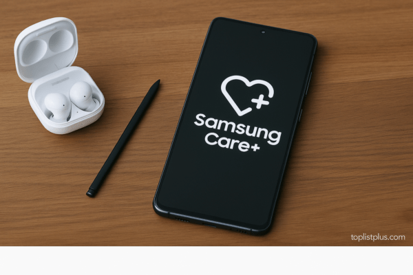 ภาพประกอบแสดงสมาร์ทโฟน Samsung พร้อมอุปกรณ์เสริมบนโต๊ะไม้ สื่อถึงความปลอดภัยและการคุ้มครองจากบริการ Samsung Care+ โดยใช้ Focus Keyphrase “Samsung Care+ คืออะไร คุ้มไหมสำหรับคนซื้อเครื่องใหม่”