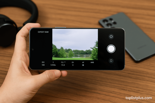 มือถือ Samsung แสดงหน้าจอโหมดกล้อง Expert RAW พร้อมการตั้งค่าแบบมืออาชีพ เช่น ISO, Shutter Speed, White Balance — วิธีใช้โหมด Expert RAW ของ Samsung
