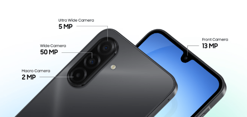 ภาพประกอบ Samsung Galaxy A17 vs Samsung Galaxy A16 5G แสดงกล้องหลังและกล้องหน้าของสมาร์ตโฟน พร้อมระบุความละเอียดกล้องเพื่อเปรียบเทียบคุณภาพการถ่ายภาพของทั้งสองรุ่น