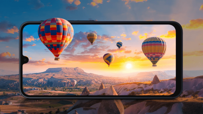 ภาพประกอบ Samsung Galaxy A17 vs Samsung Galaxy A16 5G แสดงหน้าจอสมาร์ตโฟนที่กำลังแสดงภาพบอลลูนลอยฟ้าเหนือหุบเขา เพื่อโชว์ความสวยงามและความคมชัดของหน้าจอ