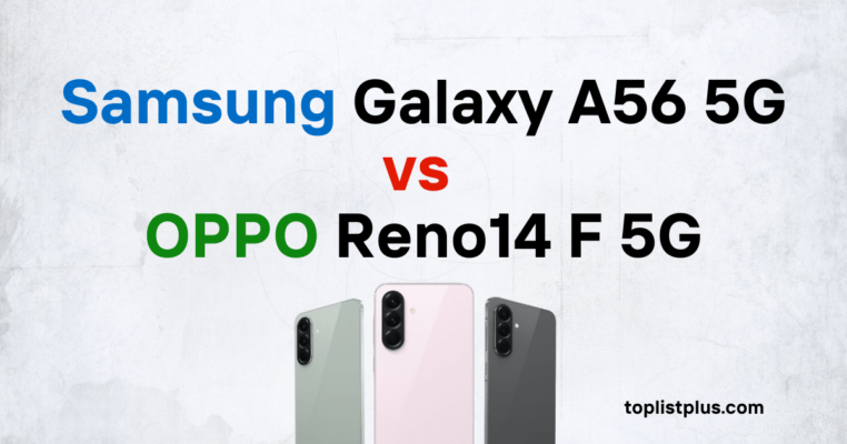 ภาพหน้าปกบทความเปรียบเทียบ Samsung Galaxy A56 5G vs OPPO Reno14 F 5G ที่แสดงข้อความชื่อรุ่นและภาพด้านหลังของสมาร์ทโฟน Samsung Galaxy A56 5G