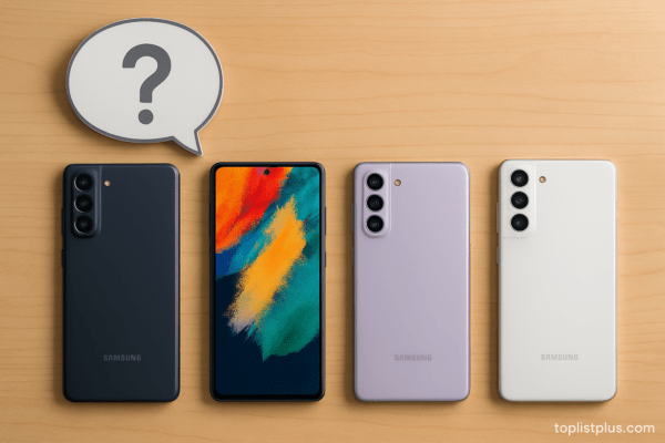 โทรศัพท์ Samsung Galaxy FE รุ่นไหนดี จัดเรียงอยู่บนโต๊ะไม้โทนมินิมอล พร้อมแสงธรรมชาติและลายน้ำ toplistplus.com