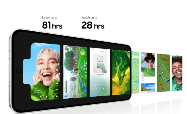 ภาพประกอบ Samsung Galaxy S25 FE vs Samsung Galaxy S24 FE แสดงสมาร์ตโฟน Samsung Galaxy S25 FE พร้อมตัวอย่างการใช้งานหลากหลาย เช่น การฟังเพลง เล่นเกม และดูวิดีโอ แสดงศักยภาพด้านความบันเทิงและอายุการใช้งานแบตเตอรี่ที่ยาวนาน