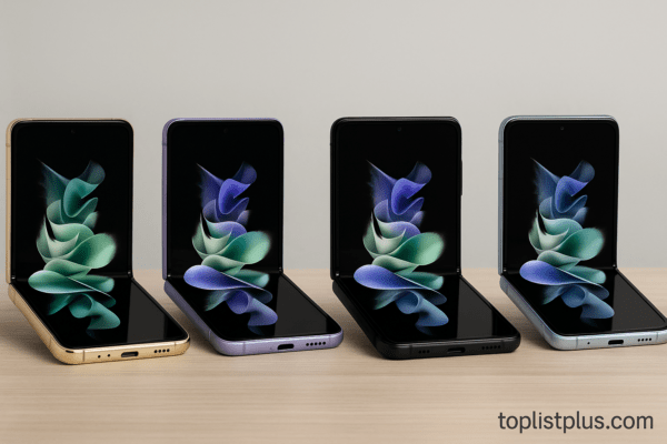 โทรศัพท์ Samsung Galaxy Z Flip รุ่นไหนดี จัดวางเรียงกันอย่างสวยงามบนโต๊ะไม้ โชว์ดีไซน์ฝาพับสวยงามและหน้าจอสีสดใส