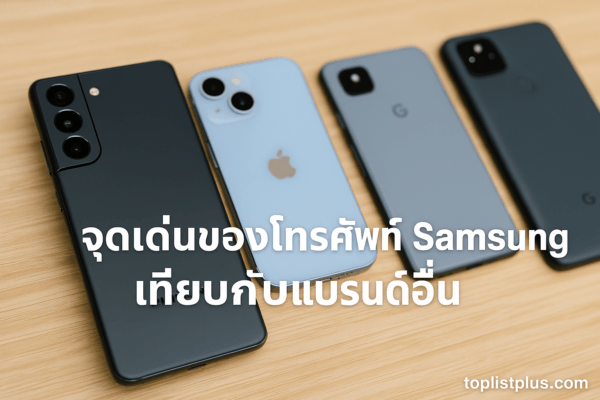 ภาพแสดงจุดเด่นของโทรศัพท์ Samsung เทียบกับแบรนด์อื่น โดยมีสมาร์ทโฟน Samsung วางเปรียบเทียบกับ iPhone, OPPO และ Xiaomi อย่างชัดเจน