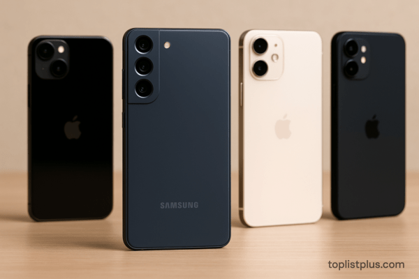 จุดเด่นของโทรศัพท์ Samsung เทียบกับแบรนด์อื่น แสดงภาพโทรศัพท์ Samsung รุ่นใหม่เปรียบเทียบกับสมาร์ทโฟนแบรนด์อื่น เช่น iPhone บนพื้นหลังเรียบหรู เหมาะกับบทความ SEO