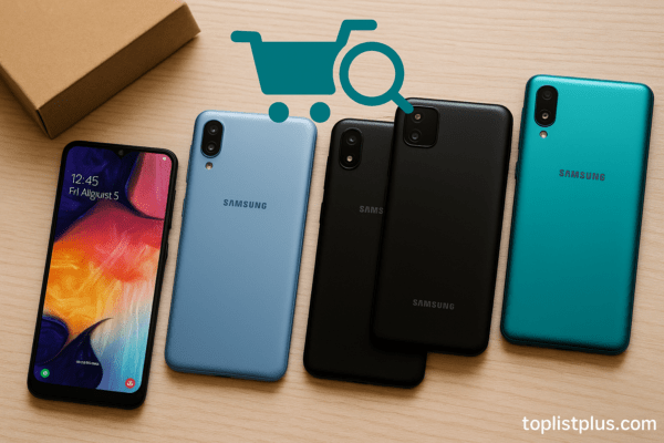 โทรศัพท์ซัมซุง ราคาไม่เกิน 2000 รุ่นไหนดี วางเรียงบนโต๊ะไม้ แสดงความแตกต่างของดีไซน์และสีของโทรศัพท์ซัมซุงหลายรุ่น พร้อมลายน้ำ toplistplus.com