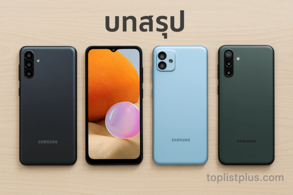 ภาพโทรศัพท์ซัมซุงหลากหลายรุ่นราคาประหยัดสำหรับบทความ โทรศัพท์ซัมซุง ราคาไม่เกิน 2000 รุ่นไหนดี วางเรียงบนโต๊ะไม้สีอ่อนพร้อมลายน้ำ toplistplus.com