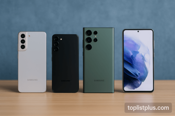 โทรศัพท์ Samsung สำหรับทำคอนเทนต์ รุ่นไหนดี แสดงภาพสมาร์ทโฟนซัมซุงหลายรุ่นวางเรียงในสตูดิโอมินิมอล พร้อมลายน้ำ toplistplus.com
