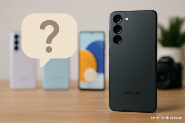 ภาพโทรศัพท์ Samsung สำหรับทำคอนเทนต์ รุ่นไหนดี วางอยู่บนโต๊ะทำงานพร้อมกล้องถ่ายรูป เหมาะกับใช้ตกแต่งบทความหัวข้อคำถามที่พบบ่อย