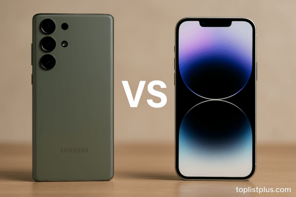 ภาพเปรียบเทียบ Samsung vs iPhone รุ่นใกล้เคียงกัน ใครคุ้มกว่า แสดงให้เห็นโทรศัพท์ทั้งสองวางข้างกันบนพื้นหลังโทนเรียบ ใช้สำหรับตกแต่งบทความ SEO