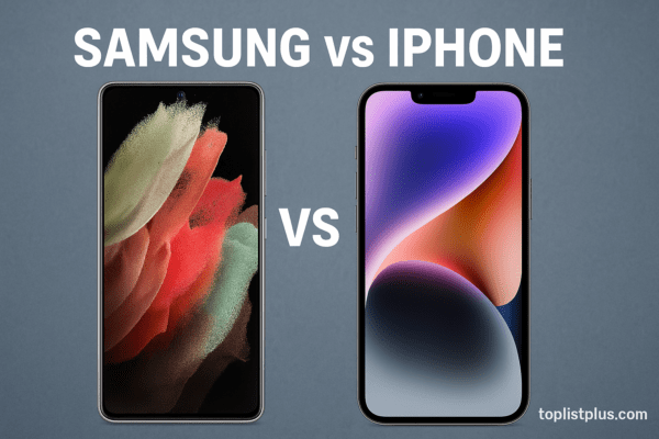ภาพเปรียบเทียบ Samsung vs iPhone รุ่นใกล้เคียงกัน ใครคุ้มกว่า แสดงโทรศัพท์ทั้งสองแบรนด์ในสไตล์หรูและสมจริง พร้อมลายน้ำ toplistplus.com