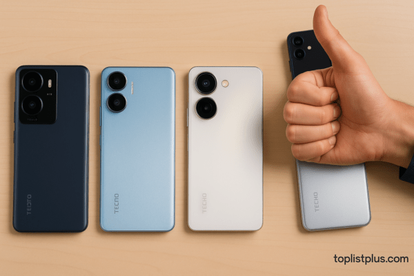 สมาร์ตโฟน TECNO หลายรุ่นวางเรียงบนโต๊ะไม้ แสดงดีไซน์หรูและกล้องคุณภาพสูง สำหรับประกอบบทความ โทรศัพท์ TECNO กล้องสวย รุ่นไหนดี