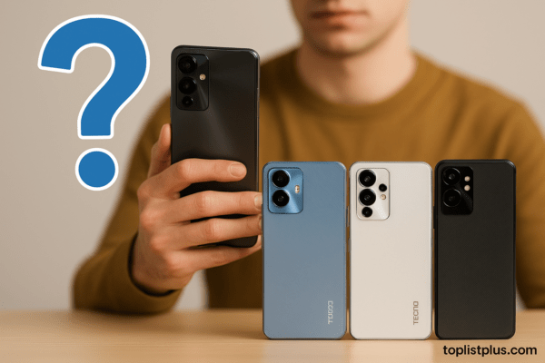 ภาพประกอบคำถามที่พบบ่อยเกี่ยวกับ โทรศัพท์ TECNO กล้องสวย รุ่นไหนดี แสดงโทรศัพท์ TECNO หลายรุ่นวางเรียงกันอย่างหรูหรา เหมาะสำหรับใช้ตกแต่งบทความรีวิวสินค้า