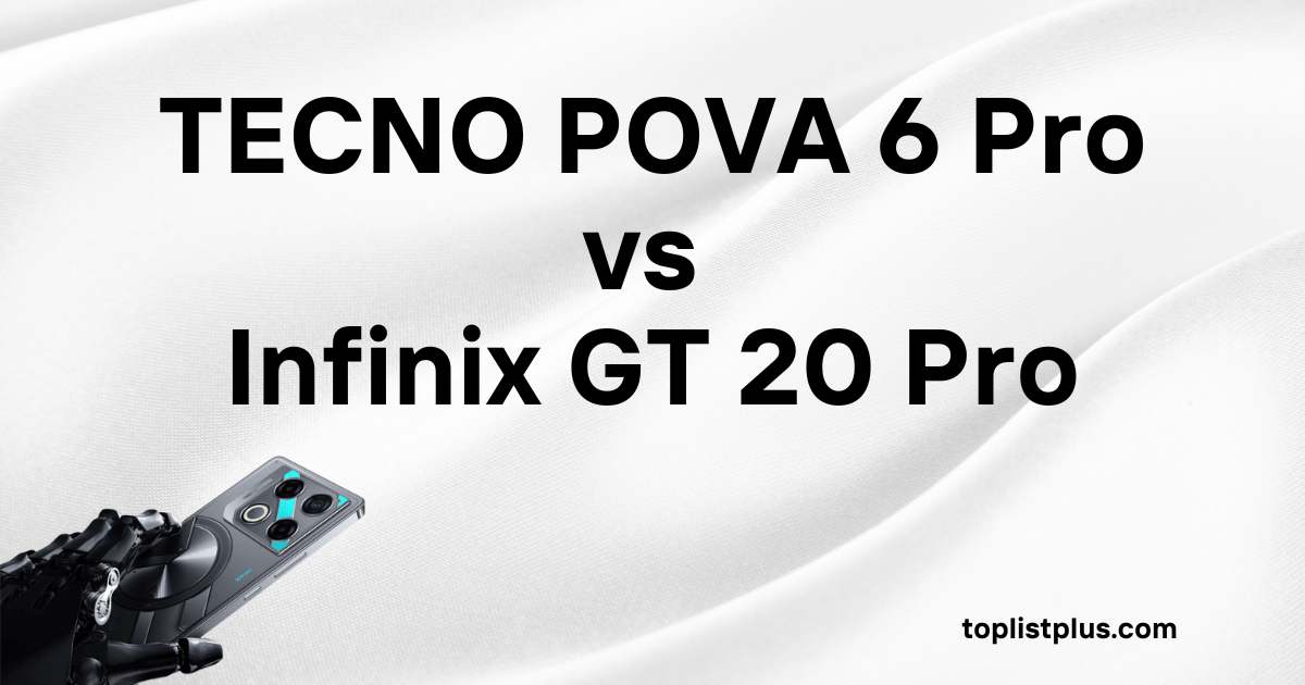 ภาพหน้าปกบทความเปรียบเทียบที่มีข้อความตัวอักษรสีดำเด่นชัดระบุว่า "TECNO POVA 6 Pro vs Infinix GT 20 Pro" บนพื้นหลังผ้าสีขาวพริ้วไหว โดยมีภาพมือหุ่นยนต์กำลังถือโทรศัพท์ Infinix GT 20 Pro อยู่ที่มุมซ้ายล่าง เพื่อแสดงถึงการแข่งขันของสมาร์ทโฟนเกมมิ่งสองรุ่นนี้