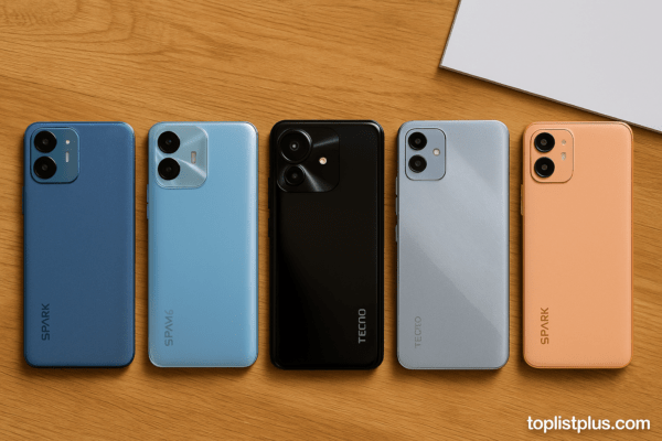 ภาพโทรศัพท์ TECNO SPARK Series รุ่นไหนดี วางเรียงบนพื้นไม้ โชว์ดีไซน์ฝาหลังหลายสีแบบเรียบหรู
