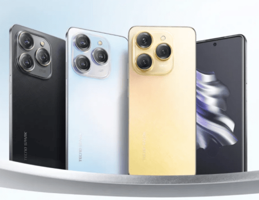 รีวิว TECNO Spark 20 Pro 5G – โทรศัพท์มือถือ TECNO Spark 20 Pro 5G จำนวนสามเครื่องในสามสี ได้แก่ สีดำ สีฟ้าอ่อน/ขาว และสีทอง/เหลืองอ่อน จัดเรียงให้เห็นด้านหลังที่โดดเด่นของโมดูลกล้องสามตัว พร้อมเครื่องที่สี่แสดงด้านหน้า
