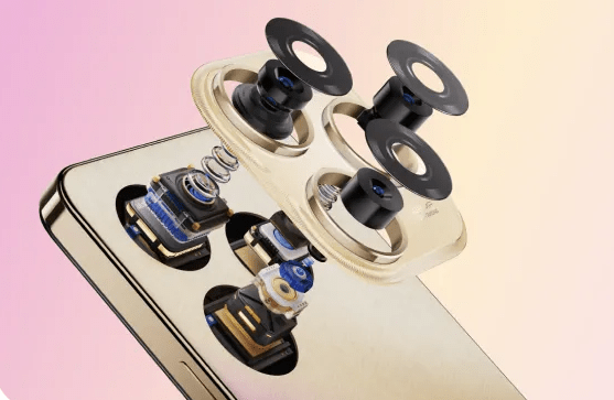 รีวิว TECNO Spark 20 Pro 5G – ภาพจำลองแสดงโครงสร้างภายในของโมดูลกล้องด้านหลังของ TECNO Spark 20 Pro 5G ที่แยกชิ้นส่วนออกมาอย่างละเอียด เพื่อเน้นคุณภาพและสเปกของกล้อง