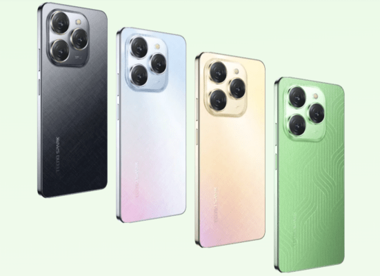 รีวิว TECNO Spark 20 Pro 5G – โทรศัพท์มือถือ TECNO Spark 20 Pro 5G แสดงด้านหลังของตัวเครื่องหลายสี ได้แก่ สีดำ สีขาว/ม่วง สีทอง/ชมพู และสีเขียว เพื่อโชว์ตัวเลือกสีและดีไซน์ที่หลากหลายสำหรับการพิจารณาในบทความ