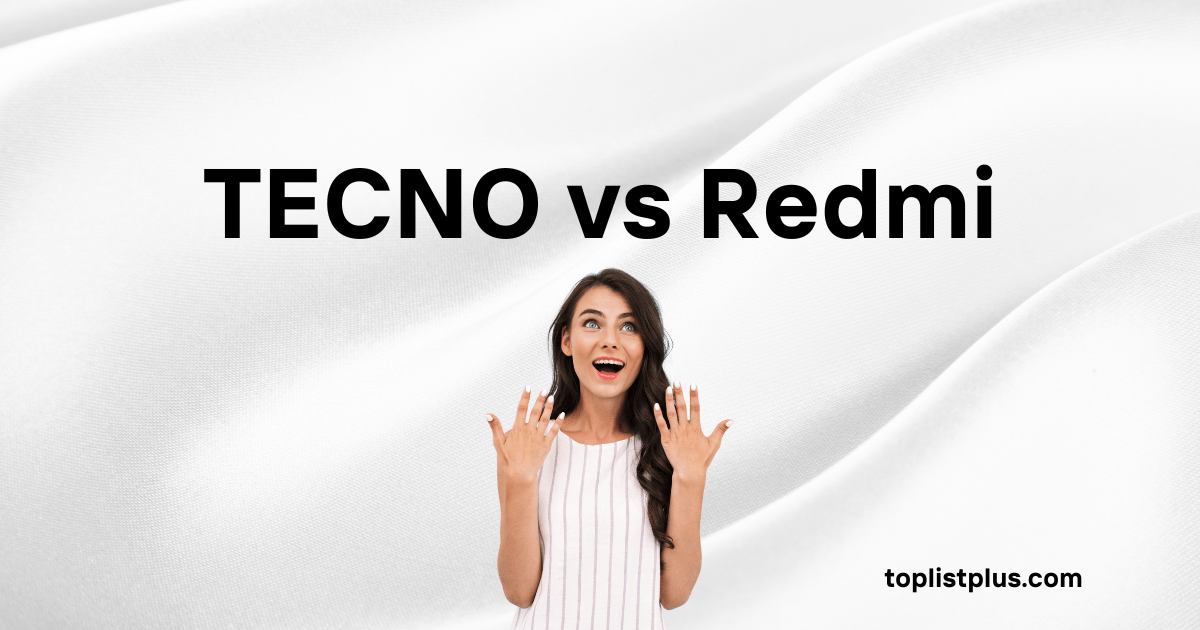 ภาพหน้าปกบทความเปรียบเทียบที่มีข้อความตัวอักษรสีดำเด่นชัดระบุว่า "TECNO vs Redmi" บนพื้นหลังผ้าสีขาวพริ้วไหว โดยมีภาพผู้หญิงทำท่าทางตื่นเต้นและประหลาดใจอยู่ด้านล่าง ภาพนี้สื่อถึงการแข่งขันของสองแบรนด์สมาร์ทโฟน