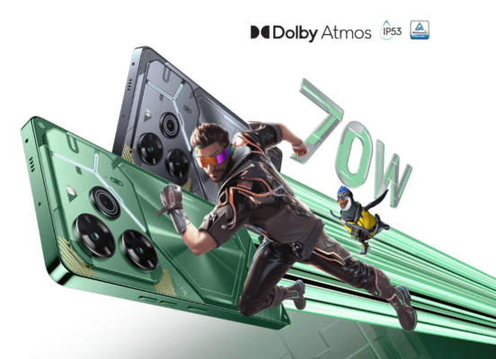 รีวิว TECNO Pova 6 Pro 5G – โทรศัพท์มือถือ TECNO Pova 6 Pro 5G สองเครื่องในสีเขียวและสีเทา/ดำ แสดงด้านหลังดีไซน์เกมมิ่ง พร้อมกราฟิกนักวิ่งไซไฟ และข้อความเน้นคุณสมบัติเด่น 70W, Dolby Atmos และ IP53