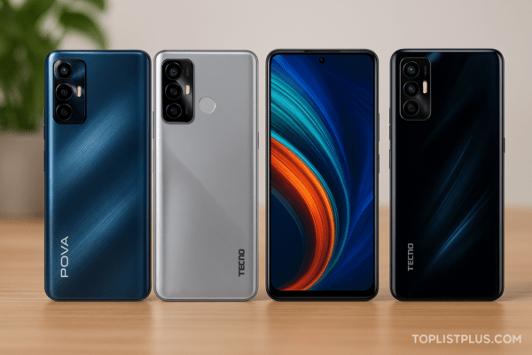 โทรศัพท์ TECNO POVA Series รุ่นไหนดี รวมสมาร์ตโฟน TECNO POVA หลายรุ่นวางเรียงกันบนโต๊ะในบรรยากาศมินิมอล