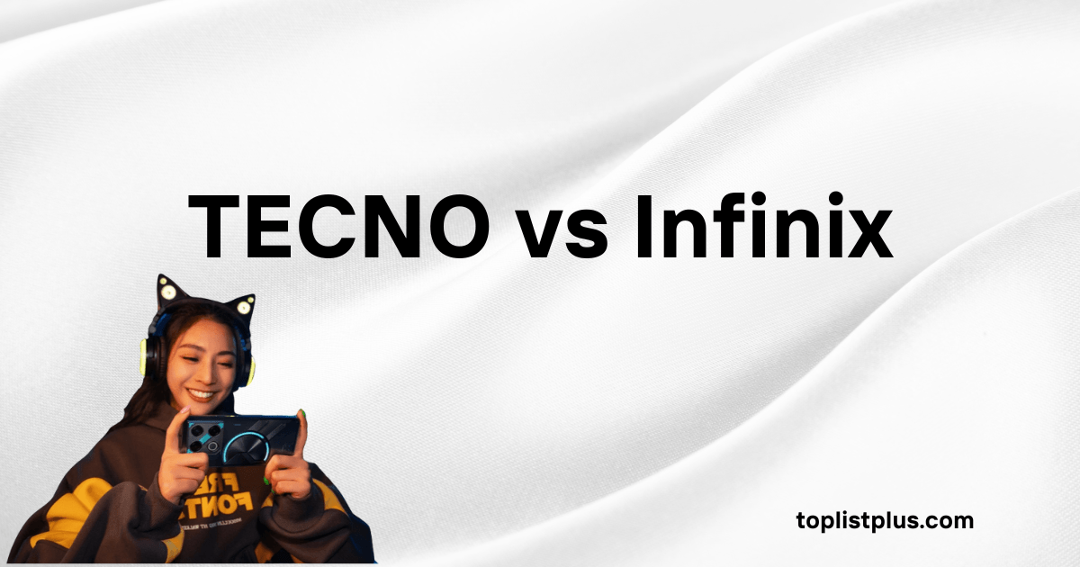 ภาพหน้าปกบทความเปรียบเทียบที่มีข้อความตัวอักษรสีดำเด่นชัดระบุว่า "TECNO vs Infinix" บนพื้นหลังผ้าสีขาวพริ้วไหว โดยมีภาพหญิงสาวเกมเมอร์กำลังเล่นโทรศัพท์มือถือ Infinix อยู่ด้านล่าง ภาพนี้สื่อถึงการแข่งขันของสองแบรนด์สมาร์ทโฟนที่น่าสนใจ