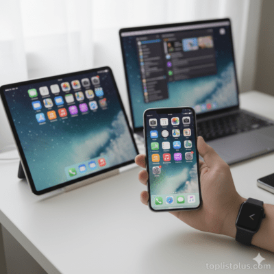 iOS คืออะไร ภาพแสดงอุปกรณ์ Apple หลายชิ้นที่ทำงานด้วยระบบปฏิบัติการ iOS ซึ่งเป็นแพลตฟอร์มหลักสำหรับ iPhone, iPad และ MacBook