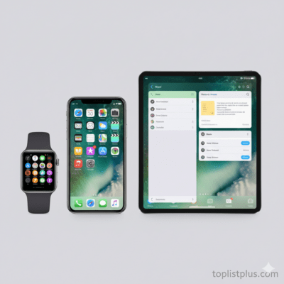 iOS คืออะไร ภาพแสดงอุปกรณ์ Apple หลายชิ้นที่ทำงานด้วยระบบปฏิบัติการ iOS ซึ่งเป็นแพลตฟอร์มหลักสำหรับ iPhone, iPad และ MacBook