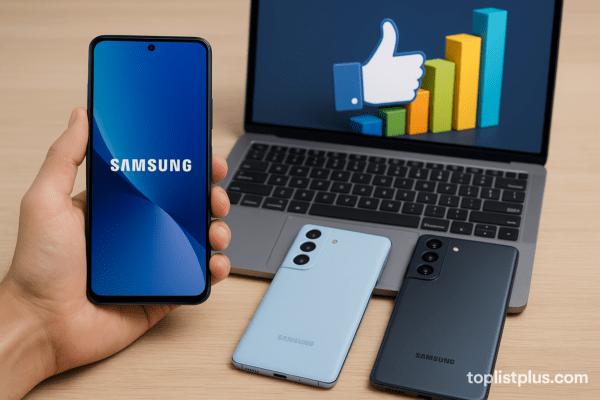 ภาพแสดงโทรศัพท์ Samsung หลายรุ่นวางอยู่บนโต๊ะ พร้อมแล็ปท็อปในฉากหลัง แสดงถึงเทคโนโลยีและความนิยมของแบรนด์ โดยมีลายน้ำ toplistplus.com (ทำไมโทรศัพท์ Samsung ถึงได้รับความนิยม)