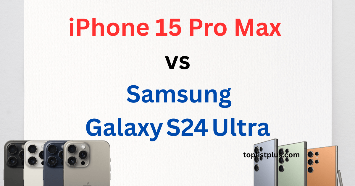 ภาพหน้าปกบทความ iPhone 15 Pro Max vs Samsung Galaxy S24 Ultra แสดงชื่อรุ่นสมาร์ตโฟนเรือธงทั้งสองแบรนด์ พร้อมภาพตัวเครื่องของ iPhone และ Samsung วางเปรียบเทียบกัน