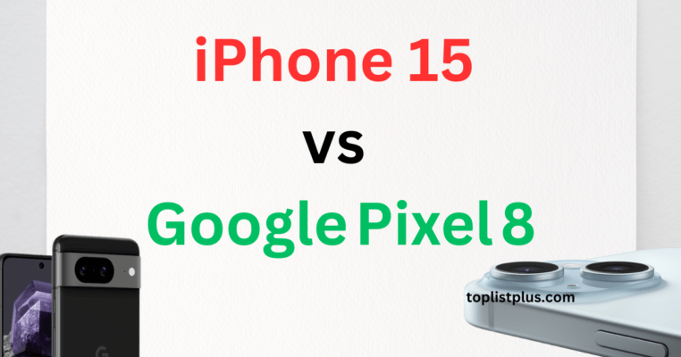 ภาพเปรียบเทียบ iPhone 15 vs Google Pixel 8 แสดงชื่อรุ่นของทั้งสองสมาร์ตโฟนพร้อมภาพดีไซน์ตัวเครื่อง