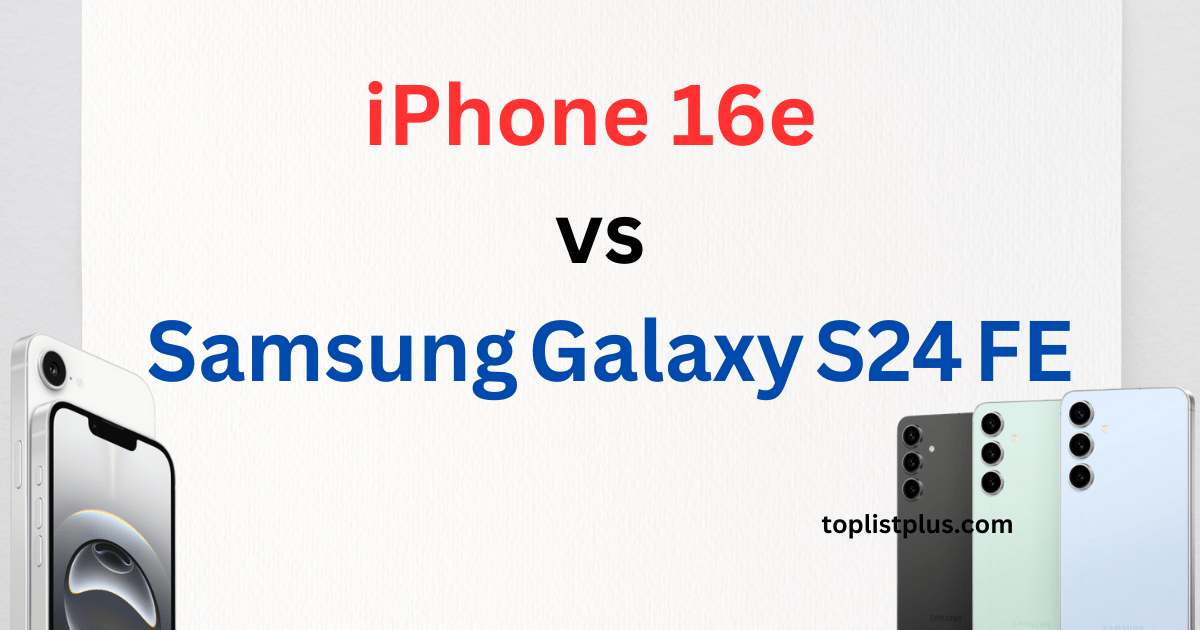 ภาพหน้าปกบทความเปรียบเทียบ iPhone 16e vs Samsung Galaxy S24 FE แสดงชื่อรุ่นเด่นชัดพร้อมภาพตัวเครื่องของทั้งสองแบรนด์