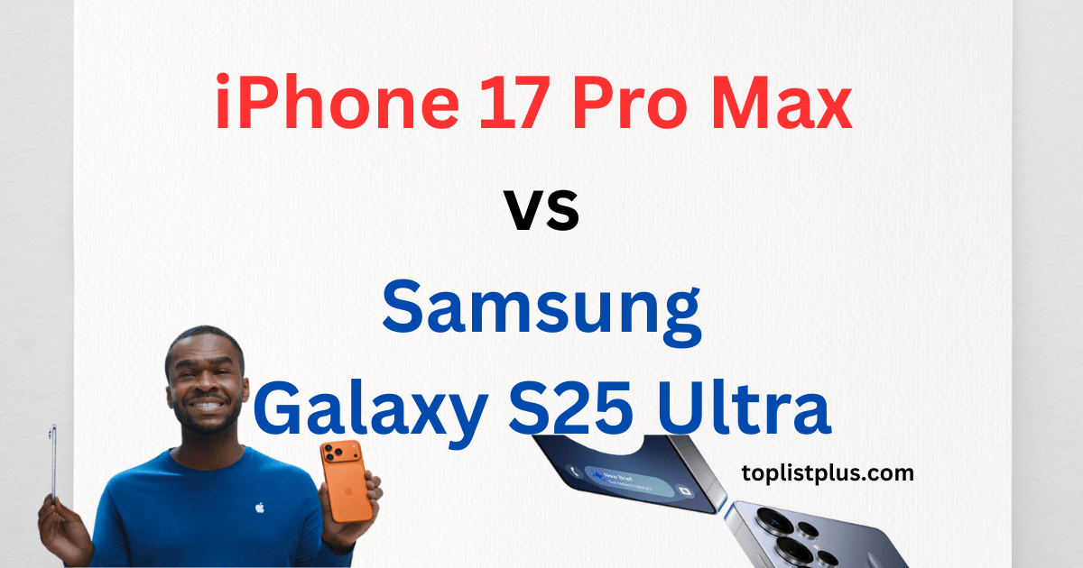 ภาพหน้าปกบทความเปรียบเทียบ iPhone 17 Pro Max vs Samsung Galaxy S25 Ultra แสดงชื่อรุ่นสมาร์ตโฟนเรือธงจาก Apple และ Samsung อย่างเด่นชัด