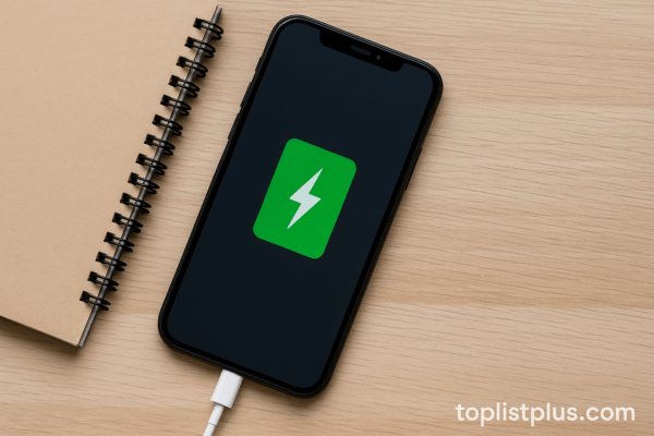 ภาพประกอบบทความ ทริกยืดอายุแบต iPhone แสดงโทรศัพท์ iPhone กำลังชาร์จแบตเตอรี่บนโต๊ะไม้ในแสงธรรมชาติ