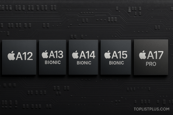 ชิป iPhone รุ่นต่าง ๆ เรียงตามลำดับบนพื้นหลังเทาเงินสำหรับบทความ สรุปชิป iPhone ทั้งหมด